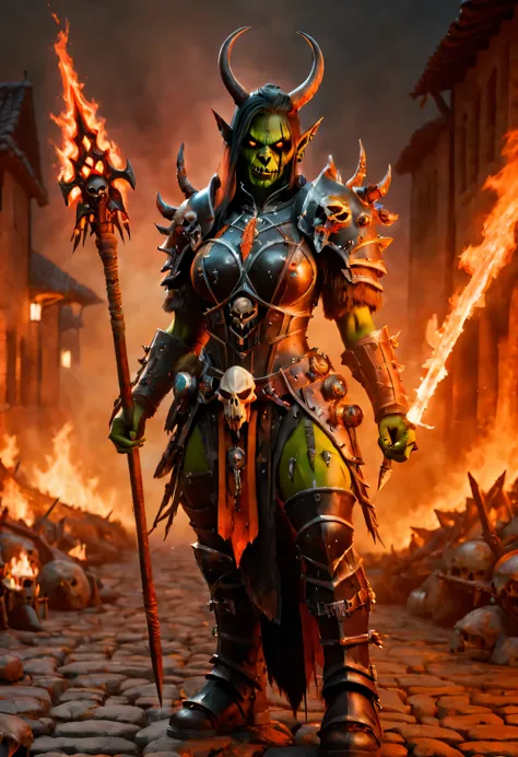 wowrcs, female orc death knight, death knight outfit, heavy armor with skulls, heavy armor, dark themed, holding sword in front ...