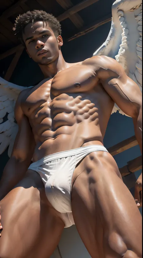 an Ancient athletes performing naked, full body, old image, only wearing under wear, boxing, white bikini, big bulge, big crotch, penis line, angel wings, with big white angel wings, fallen angel, full body, elegant wings, beautiful white wings