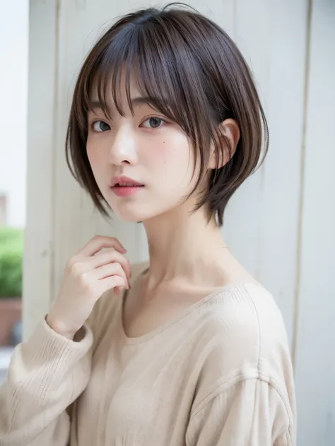 (highest quality、8k、32k、masterpiece、nffsw:1.2)、photo of cute japanese woman、long sleeve dress、very short hair、photographed in na...