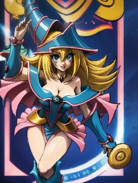 Dark magician gils. Leaving a magic circle. Magia de corazones en el aire. Pose sensual y inocente. Sonrisa de mona lisa 