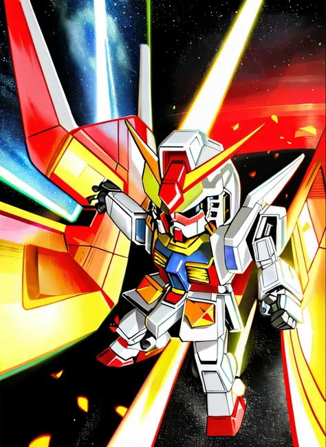 ((SF))、(masterpiece)、highest quality、Highly detailed CG Unity 8K wallpaper、((SD Gundam 1.2))、F91 logo mark、chibi character、facial details、Confront the enemy with a bazooka and saber、dance in the air、Flying through the sky like a comet、surrounded by fin fun...