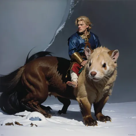 8k, the most beautiful d&d painting artwork, Forground: fantasy blond haired pritty boy goblin gnome wearing a blue winter dress riding on a brown giant weasel giant ferret, barefoot, big pointy ears. Background: scandinavian forest, snow covered ground, p...