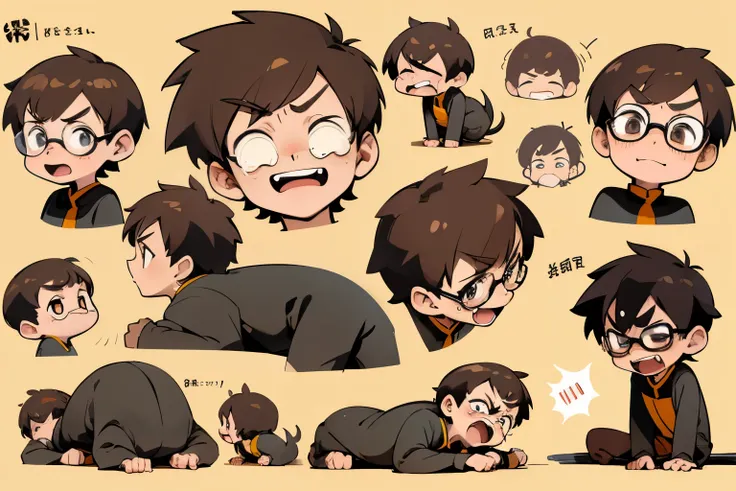 (character design sheet, same character, smile, angry, cry,) little monkey，cute boy, glasses, dachshund, simple backgound，Cartoon Cute，funny style, chibi style, high detailed, highest quality, masterpiece,