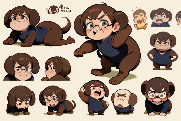 (character design sheet, same character, smile, angry, cry,) little monkey，cute boy, glasses, dachshund, simple backgound，Cartoon Cute，funny style, chibi style, high detailed, highest quality, masterpiece,