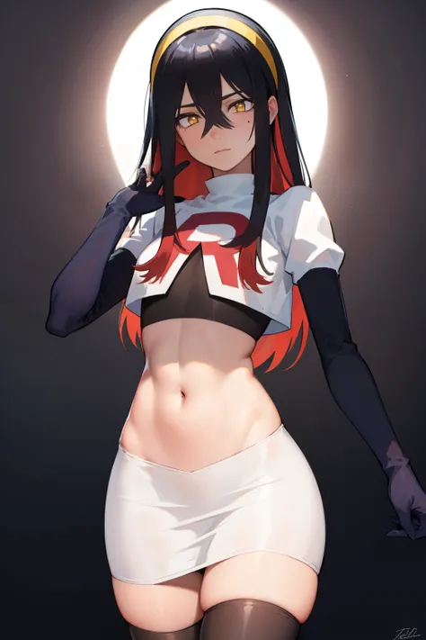 pokemoncarmine, pokemoncarmine, black hair, colored inner hair, crossed bangs, hair between eyes, hairband, long hair, mole, mole under eye, multicolored hair, red hair, sidelocks, two-tone hair, (yellow eyes:1.5), yellow hairband,
BREAK team rocket,team r...