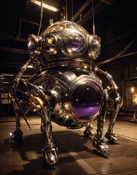 The spherical art deco style robot is metallic., Glossy metallic texture, small insectoid mechanical legs, varios brazos delgados con herramientas y agujas, Muchos tubos y cables rodean su cuerpo., on his head many spherical glasses filled with a bright vi...