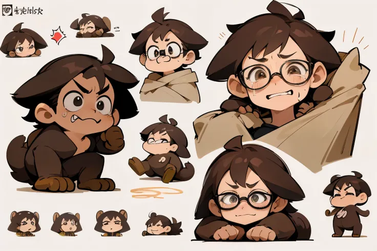 (character design sheet, same character, smile, angry, cry,) little monkey，cute boy, glasses, dachshund, simple backgound，Cartoon Cute，funny style, chibi style, high detailed, highest quality, masterpiece,