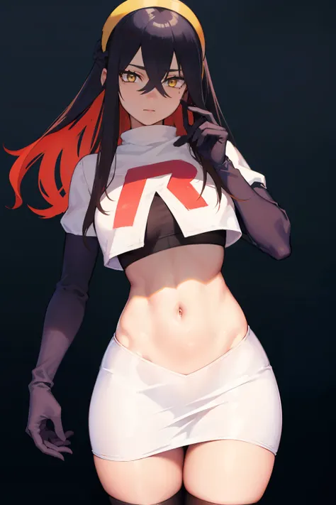 pokemoncarmine, pokemoncarmine, black hair, colored inner hair, crossed bangs, hair between eyes, hairband, long hair, mole, mole under eye, multicolored hair, red hair, sidelocks, two-tone hair, (yellow eyes:1.5), yellow hairband,
BREAK team rocket,team r...
