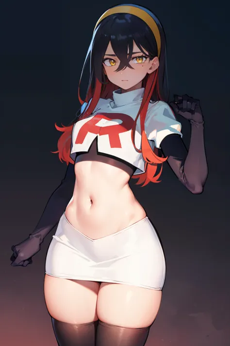 pokemoncarmine, pokemoncarmine, black hair, colored inner hair, crossed bangs, hair between eyes, hairband, long hair, mole, mole under eye, multicolored hair, red hair, sidelocks, two-tone hair, (yellow eyes:1.5), yellow hairband,
BREAK team rocket,team r...