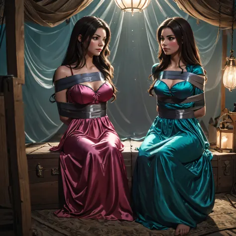 two girl playing bondage game,(bright lighting,romantic setting),dreamy background,bondage,dark hair, mesmerizing gaze, , soft skin, alluring beauty, artistic portrait, high-quality image, vibrant colors, long silk gown, in the vans trunk,tape bondage,tape...