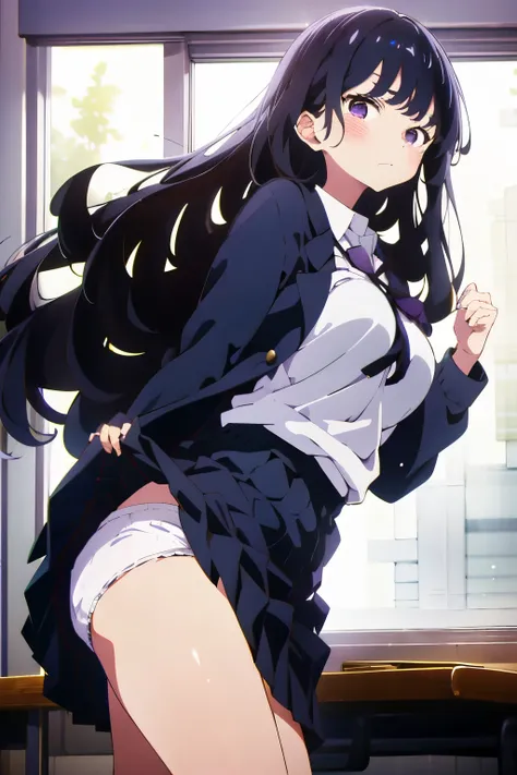 1 girl, yamadaanna, long hair, black hair, school uniform, classroom,purple eyes, white shirt, white socks, pleated skirt, bangs, (skirt lift:1.3), Are standing, bow_panties, (frown:1.1),{{white panties}}