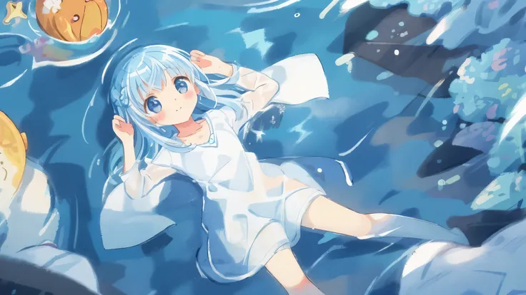 highest quality、masterpiece、High resolution、very detailed、with a girl、cute、anime、clear white skin、Functional、full body esbian、、14 years、(Hair color is shiny light 金髪)、A girl lies on her back in the middle of a beautiful deep sea with a view of the horizon,...