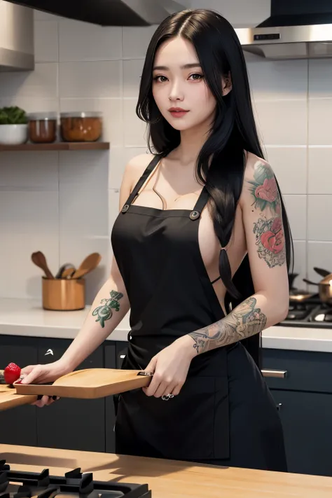 a woman with tattoo, long hair, wearing a black apron, cooking, look at viewer, kitchen, voluptuous