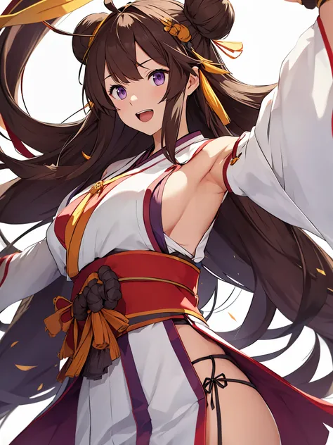 Show your armpits,1 girl, alone, long hair, King Kongu (KanColle), brown hair, double bun, purple eyes, bun hair, Ahoge, open your mouth, non-traditional shrine maiden, removed sleeve, brown eyes, white background, headgear, hair band, smile, ribbon trimの袖...