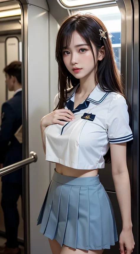 (highest quality:1.4), (hyper quality), (Super detailedな), Beautiful Girls, Super cute, wonderful face and eyes, Very realistic skins, (very shy look), (not looking here), (white school uniform:1.2, Light blue pleated super mini skirt:1.5),  (Beautiful and...