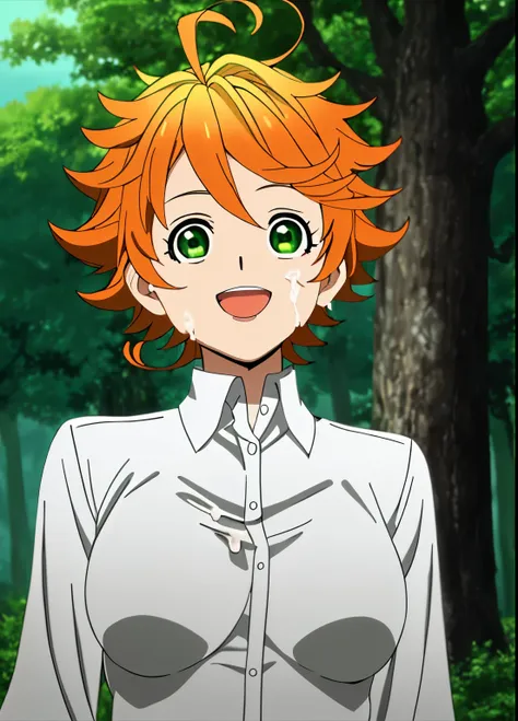 promisedneverland masterpiece, best quality, 1girl, shirt, green eyes, solo, forest, breasts, number tattoo, nature, short hair,...