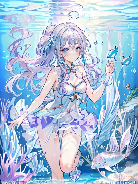 girl,(light purple silver hair:1.2),(Beautiful clear blue eyes:1.2),((Underwater sparkling:1.3)),((水中に光が差し込んでとても綺麗でfantasy:1.3)),((swimming with fish and dolphins:1.2)),((aquarium background:1.1)),((high resolution:1.5)),((fantasy:1.2))