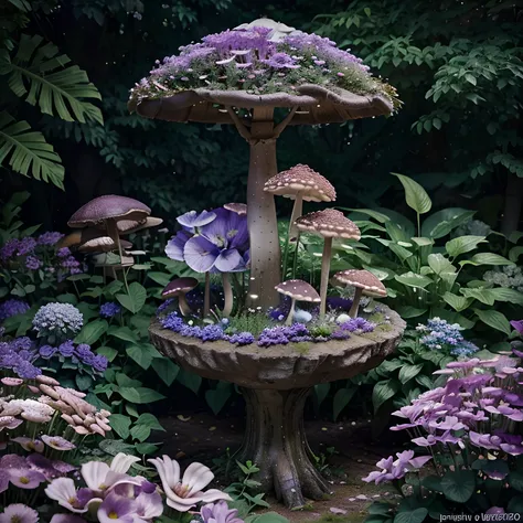 lush plantlife, real, detailed, 8k, high quality, an enchanting and dreamy scene of fantasy/alien forest, mushrooms, creating a sense of mystique and enchantment, blues and purples, garden, water, flowers, depth of field photorealist, crystals