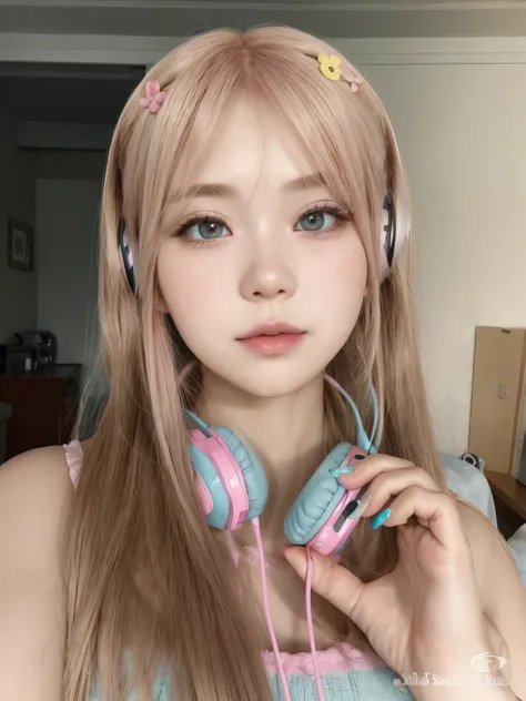 a close up of a person with headphones on holding a cell phone, ulzzang, belle delphine, pink twintail hair and cyan eyes, lalisa manobal, kawaii hairstyle, popular south korean makeup, kawaii hair style, cute kawaii girl, sakimichan, kawaii aesthetic, kaw...