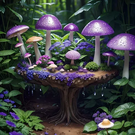 lush plantlife, real, detailed, 8k, high quality, an enchanting and dreamy scene of fantasy/alien forest, mushrooms, creating a sense of mystique and enchantment, blues and purples, garden, water, flowers, depth of field photorealist, crystals