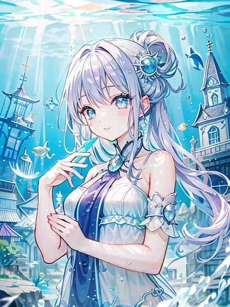 girl,(light purple silver hair:1.2),(Beautiful clear blue eyes:1.2),((Underwater sparkling:1.3)),((水中に光が差し込んでとても綺麗でfantasy:1.3)),((swimming with fish and dolphins:1.2)),((aquarium background:1.1)),(high resolution),(fantasy:1.2),((Looking down on the city ...