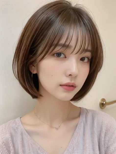 (highest quality、8K、32K、masterpiece、nffsw:1.2)、Eye color is dark brown、photo of cute japanese woman、long sleeve dress、very short hair、Photographed in natural light、Upper body、surface focus、simple necklace、Taken in front of the white door、From above、looking...