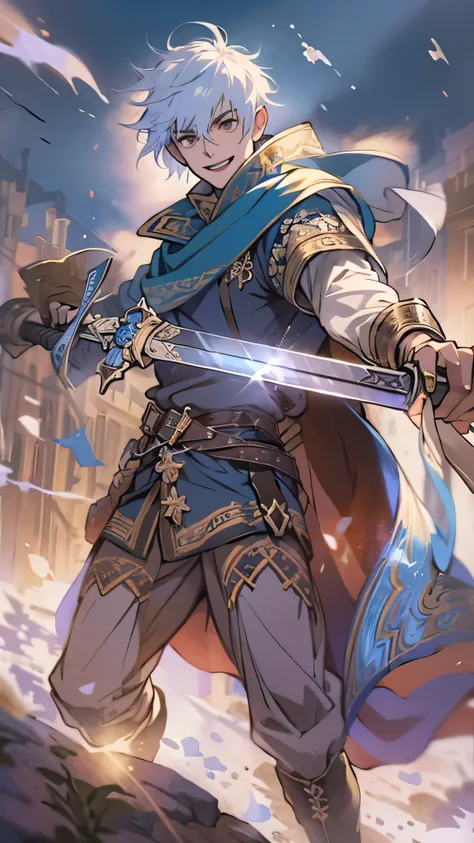 medieval fantasy, tall male adventurer wearing link's tunic, brown boots, blue cape, short white hair, gold eyes, sword on hilt,...