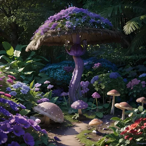 lush plantlife, real, detailed, 8k, high quality, an enchanting and dreamy scene of fantasy/alien forest, mushrooms, creating a sense of mystique and enchantment, blues and purples, garden, water, flowers, depth of field photorealist, crystals, geodes