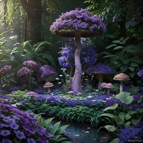 lush plantlife, real, detailed, 8k, high quality, an enchanting and dreamy scene of fantasy/alien forest, mushrooms, creating a sense of mystique and enchantment, blues and purples, garden, water, flowers, depth of field photorealist, crystals, geodes