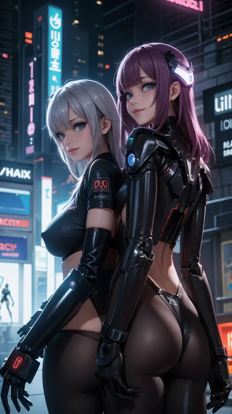 two robot girls, beautiful smile, no bra, transparent panties, lesbian sex, seen from behind, in a futuristic, neon, cyberpunk city