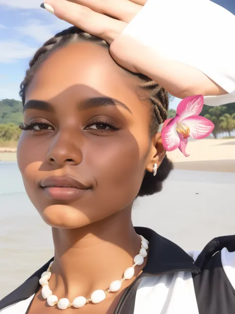 tem uma mulher com uma flor no cabelo e um colar, pele verde-oliva, ela tem pele morena oliva, por Lily Delissa Joseph, her face looks like an orchid, inspired por Lily Delissa Joseph, com pele morena, Detailed and flawless face, jovem africana de pele cla...