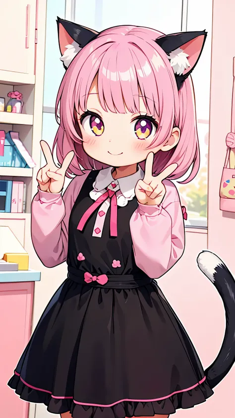 1girl,cat girl,animal ears,tail,looking at viewer,smile,peace sign,pink kawaii room,heart item,ribbon,standing,upper body,