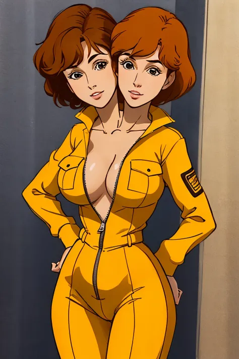 (2heads), conjoined dicephalus,cowboy shot, april oneil, 1980s (style), 1girl, brown hair, orange hair, retro artstyle, short hair, solo, yellow unzipped jump suit, jump suit ,medium_breasts, cleavage,  milf, sfw