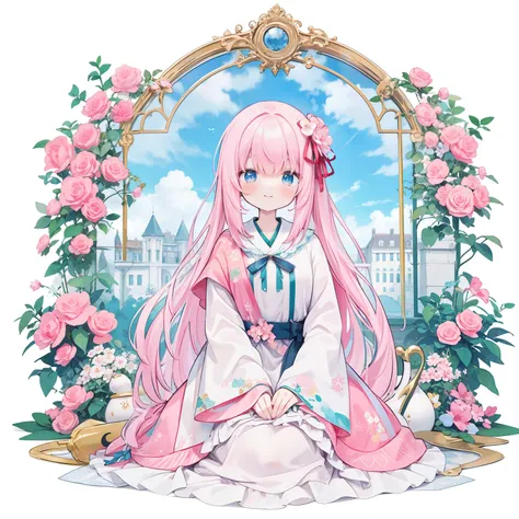 笑顔、anime,Create an intricate pop-up book collage that features a three-dimensional pastel pink frame with ornate carvings. The pop-up elements should include a garland with blue and purple ribbons, patterns visible beneath a translucent overlay, and a stan...