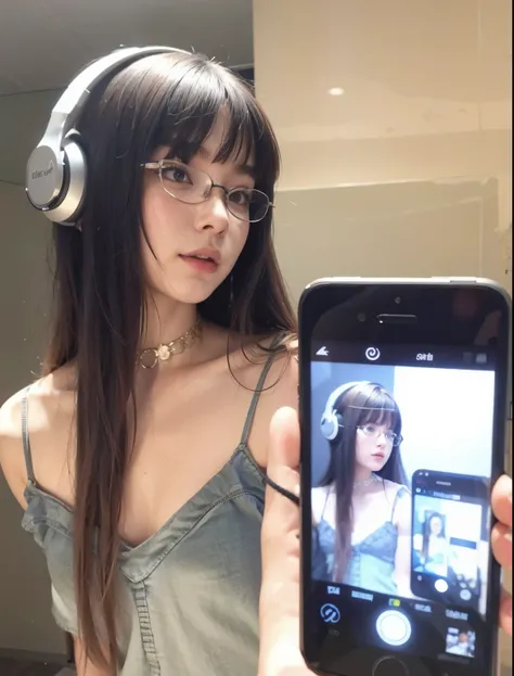 Arafed woman with headphones and glasses holding a cell phone, bella delfina, 1 7 year old gothic girl, ella tiene el pelo negro con flequillo, chica anime en la vida real, xianxia de cuerpo completo, e-chica, and - girl, pelo largo con flequillo completo,...