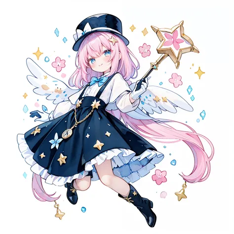 smile、anime,(pastel colour:1.3)、(cute illustration:1.3)、(watercolor painting:1.1)、.white background、jump、floating、laughter、Aster Harmony Garden Sprite,pink long hair、golden eyes、magician、magician、black and light blue ruffle dress、blue bow tie、white long gl...