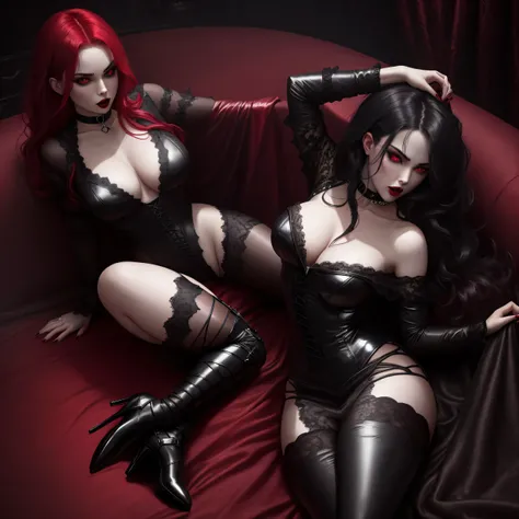 a vampire captured by a girl,leather, fierce expression, seductive gaze, dark lipstick, pale skin, high heels, choker, gothic atmosphere, intense eyes, dramatic lighting, seductive pose, black lace, dominance, power dynamics, provocative, mysterious, allur...