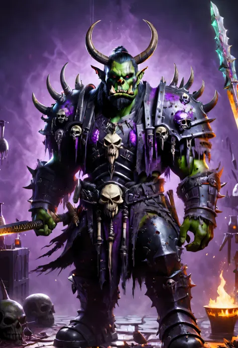 wowrcs, orc death knight, death knight outfit, heavy armor with skulls, heavy armor, dark themed, holding sword in front of his ...