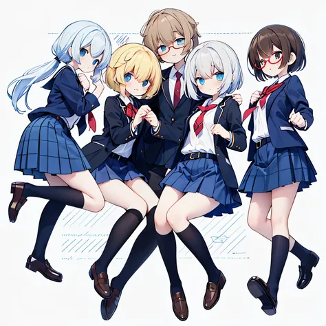 golden hair in a ponytail、Ponytail tied high：1.8、ponytail tied with a blue ribbon：1.8、blazer uniform、tie、checked skirt：1.0、on the belt、black rim glasses、black socks、brown loafers、whole body、shy smile、jump、School