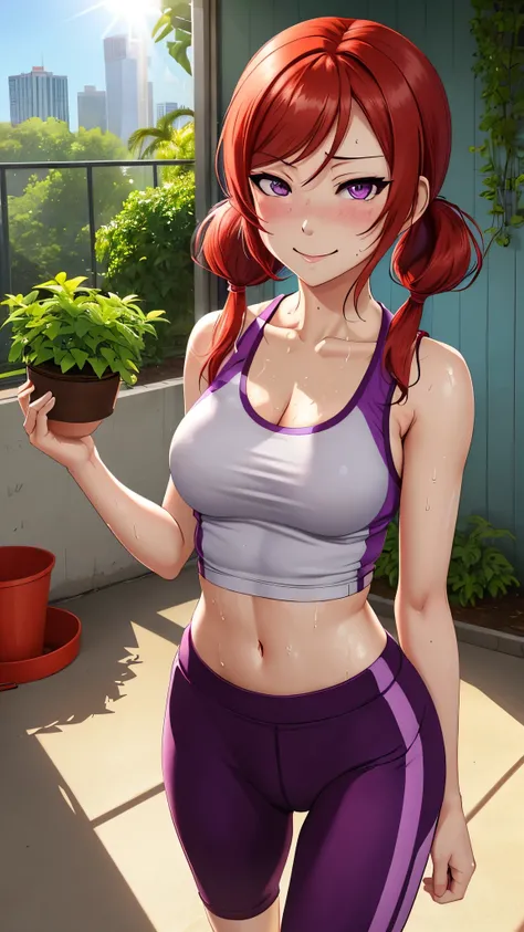 masterpiece, best quality,(NSFW:0.9),pov,Nishikino maki, standing,purple eyes, low twintails, tank top, gym pants, sweating,Plants,sun, light ray, Closed mouth, after workout , clothes soaked in sweat  , sedative smile 