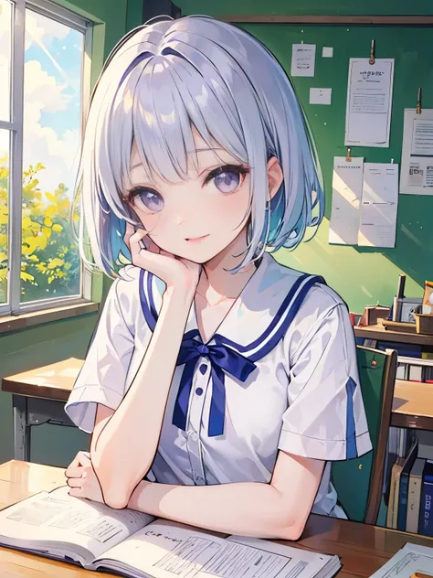 1 girl、Hand-drawn style illustration、Sparkling smile、purple eyes、bangs、arrange bangs、short bob、silver blue color hair、Crisp eyes、、shiny hair、beautiful skin、One fine day、student、blush、((Midsummer Classroom))、