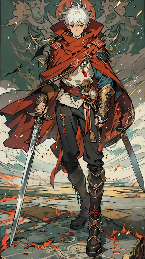 Medieval fantasy, Tall male adventurer wearing slim clothes, teenager, brown boots, red cape, slim pants, short white hair, gold eyes, sword on hilt, serious face, Windy background, simple clothes