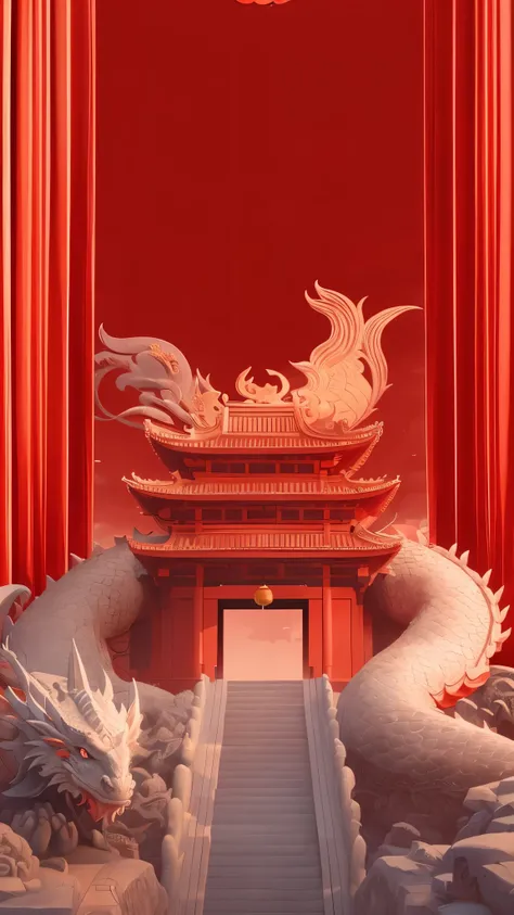 There is a dragon statue in front of a red curtain building, A beautiful artistic illustration, number of a pagoda, Chinese dragon concept art, Chinese surrealism, RossDraws global illumination, Chinese fantasy, Cyberpunk Chinese Ancient Castle, cgsociety ...