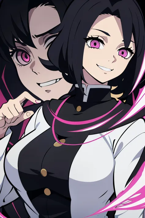 white young woman, ashley graves hairstyle, pink eyes, crazy face, crazy smile, demon slayer uniform, sword, black hair, black n...