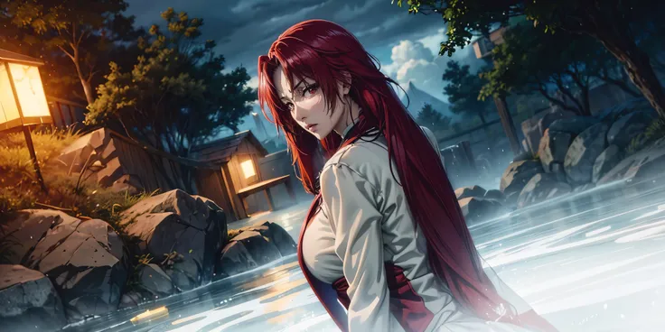 iris, red hair, long hair, red eyes, heavy breathing, huge breasts, breast press, 1girl, wet, wet_clothes, long_hair, solo, rain...