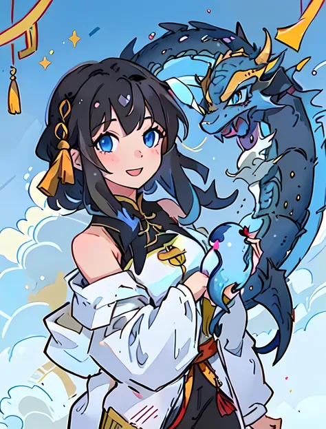 1 girl, black hair, (blue eyes), masterpiece, best quality, 与中国dragon交朋友, pleasure, happy, bright, dragon,