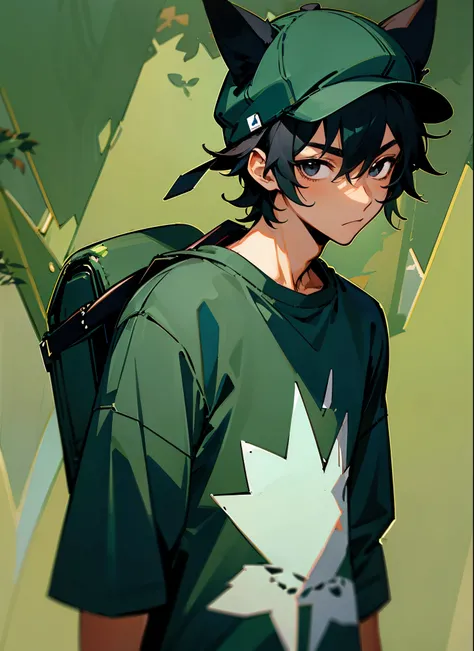 1male , Young Male , Green Backpack , Dark Skin , Forest Background , Blue T-Shirt , Black Eyes , Modern Clothing , Casual Clothing , black Hair , Hat with animal ears