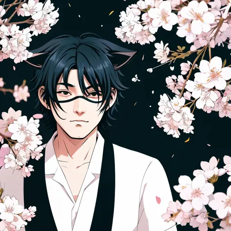 1 male, black hair, black eyepatch on left eye, wolf ears, cherry blossoms, Skewer dumplings, anime, illustration wallpaper, high contrast, colorful,