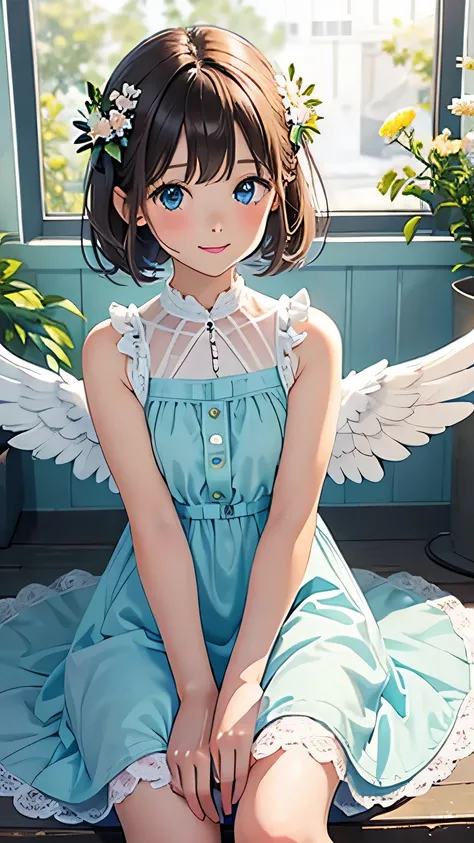 highest quality, pastel painting, Gentle atmosphere, Twin Girl Angel, cute, white wings, smile happily, brown short hair of different colors,,,, Blue-eyed ones, Green-eyed ones, different color dresses, flower hair ornament, Upper body, looking at the view...