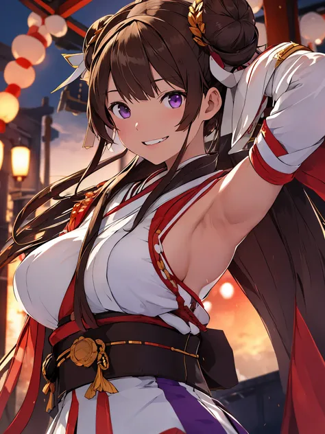 King Kong(KanColle),Show your armpits,brown hair, double bun, purple eyes, bun hair, Ahoge,non-traditional shrine maiden, removed sleeve,hair band, ribbon trimの袖, kimono, ribbon trim, looking at the viewer, smile,